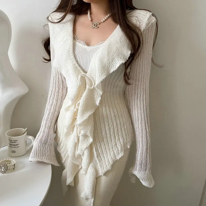 

Solowen High Waist Fi Tail Knitted Cardigan with Pleated Lace Hem V Ne Long Sve Slim Fit Women's Faion Spring Autumn