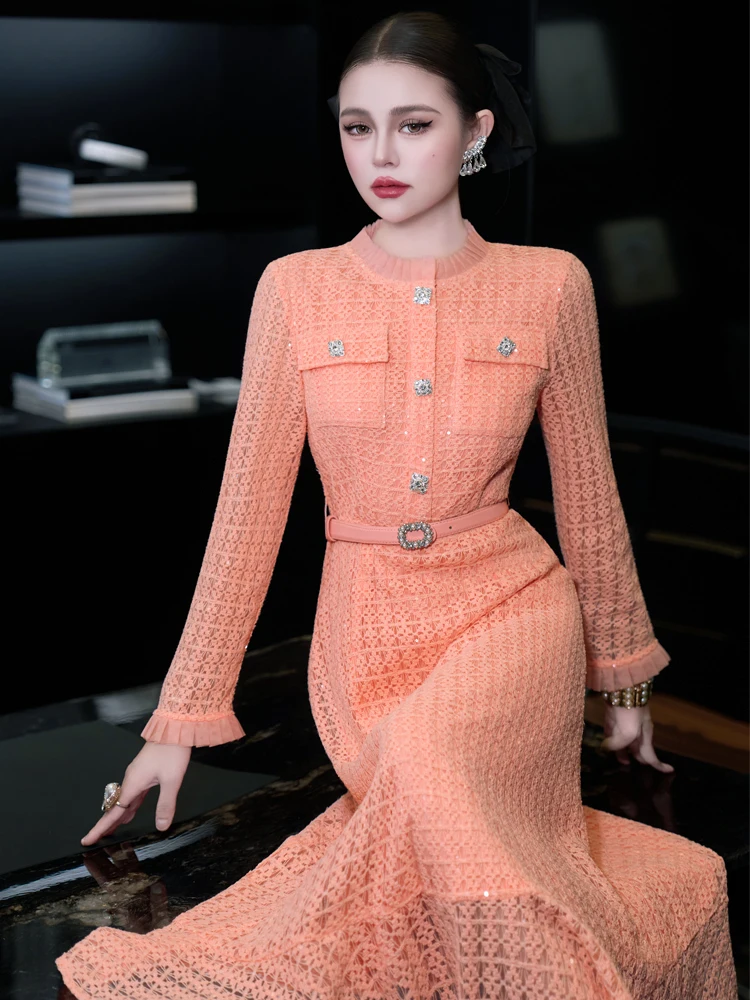 فساتين سهرة فرنسية أنيقة برقبة دائرية وأكمام طويلة من الدانتيل والترتر وحزام خصر عالي بقصة ضيقة فستان طويل للنساء #6