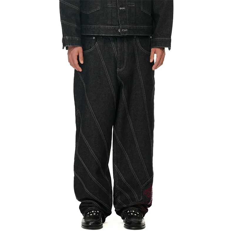 خمر التنين الأحمر الأزهار مروحة نمط التطريز عارضة فضفاض واسعة الساق الجينز Y2K الاتجاه الرجال النساء أزياء مريحة الشارع الشهير