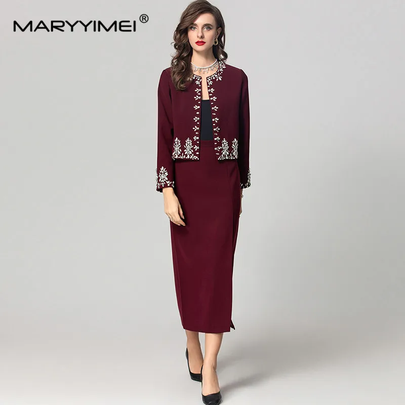 MARYYIMEI Autumn and Winter Women\'s Suit Long-Sleeved Pretty Crystal Beading Cardigan Tops+Straight Side Split Skirt 2 piece set