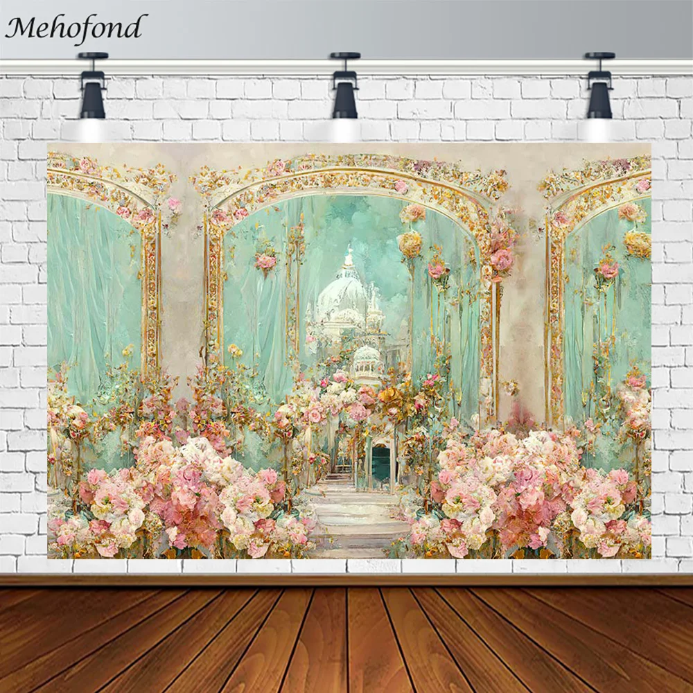 

Mehofond Flower Room Castle Backdrop Princess Portrait Photography Background European Palace Arch Royal Stairs Photo Props