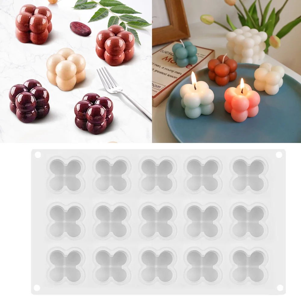 15 Silicone Molds 3D Cube Baking Mousse Cake Mold Silicone Square Bubble Dessert Molds Kitchen Bakeware Candle Plaster Mould