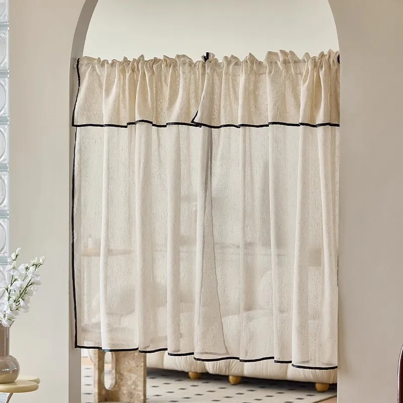 2Pieces French Retro Imitation Linen Sheer Tulle Curtain with Valance Simple Solid Window Drapes For Living Room Bedroom Kitchen