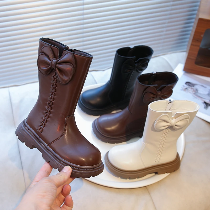 

New Winter Girls Princess Cotton Boots Elegant Bowknot Children Causal Boots Fashion Black Versatile Kids Simple Mid-calf Boots