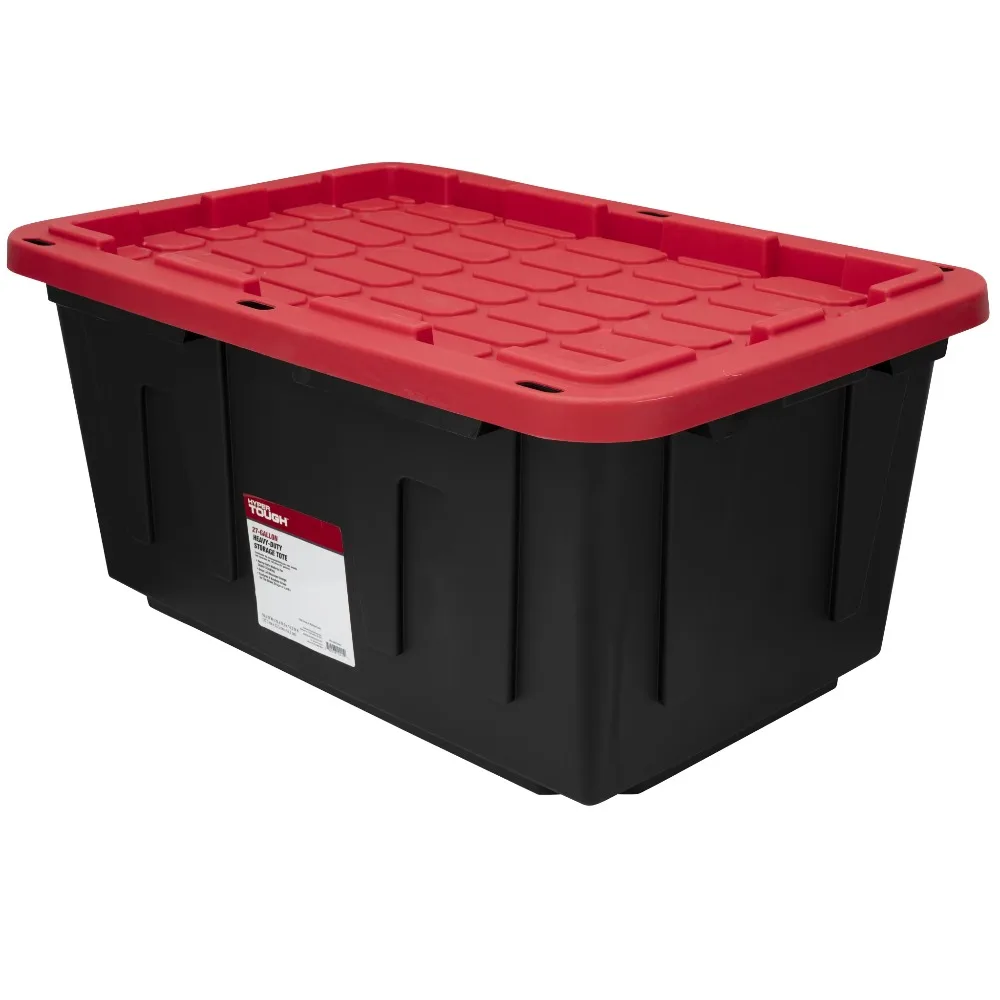 Caja de almacenamiento Hyper Tough de gran capacidad de 27 galones con tapa a presión, combinación de colores negro y rojo, contenedor de almacenamiento de plástico resistente.