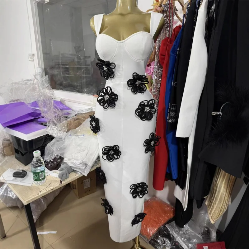 

European and American Fabric 3D Flower Strap Long Bandage Dress Simple High-End Light Luxury Niche Evening Gown