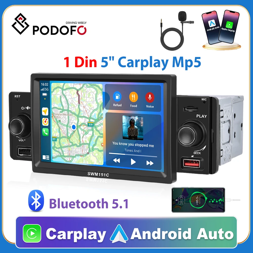 Podofo 1 din CarPlay Radio Android Auto 5” Car MP5 Player Bluetooth USB FM Receiver Car stereo Audio Head Unit SWM151C