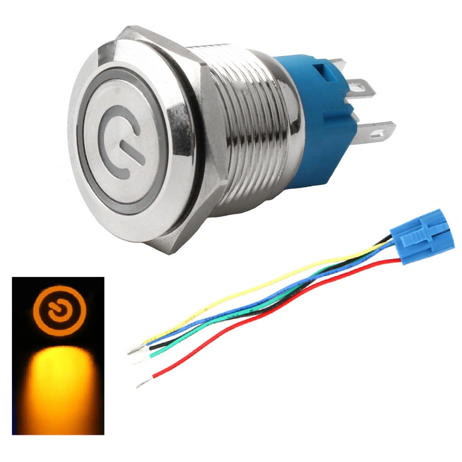 ON OFF Car Switch Button 19mm LED Power Symbol Waterproof Metal Construction Simple Installation with Wire Connector