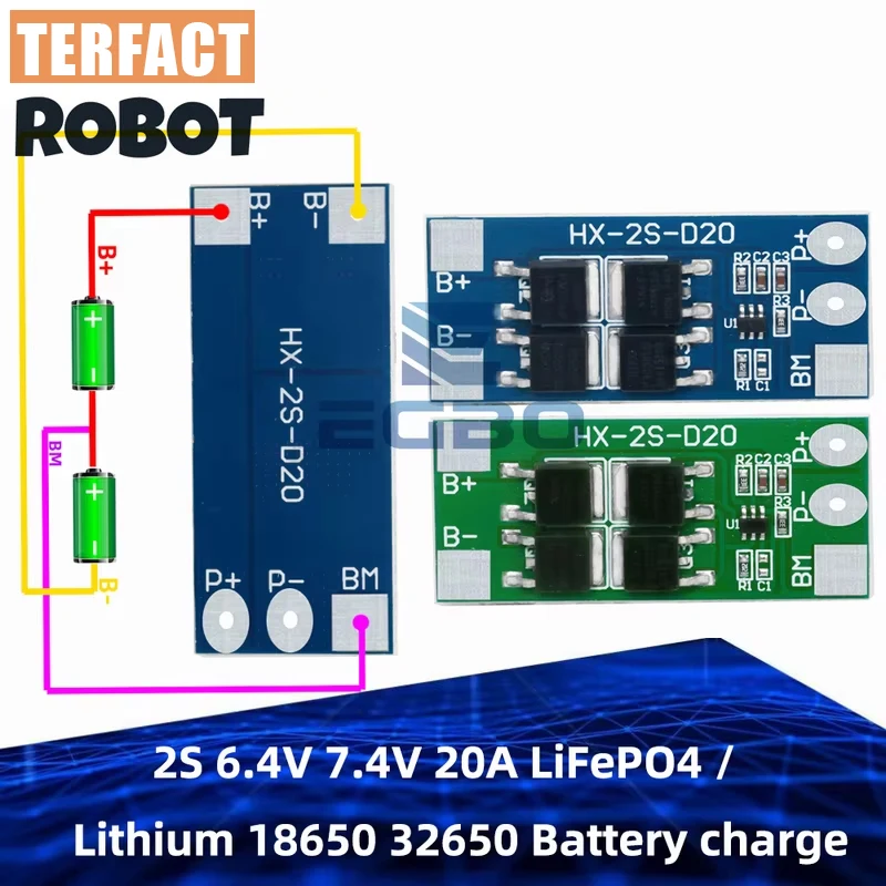 2S LiFePO4/Lithium Battery Protection Module - 6.4V/7.4V 13A Working 20A Current-Limiting for 18650 32650 Battery Packs