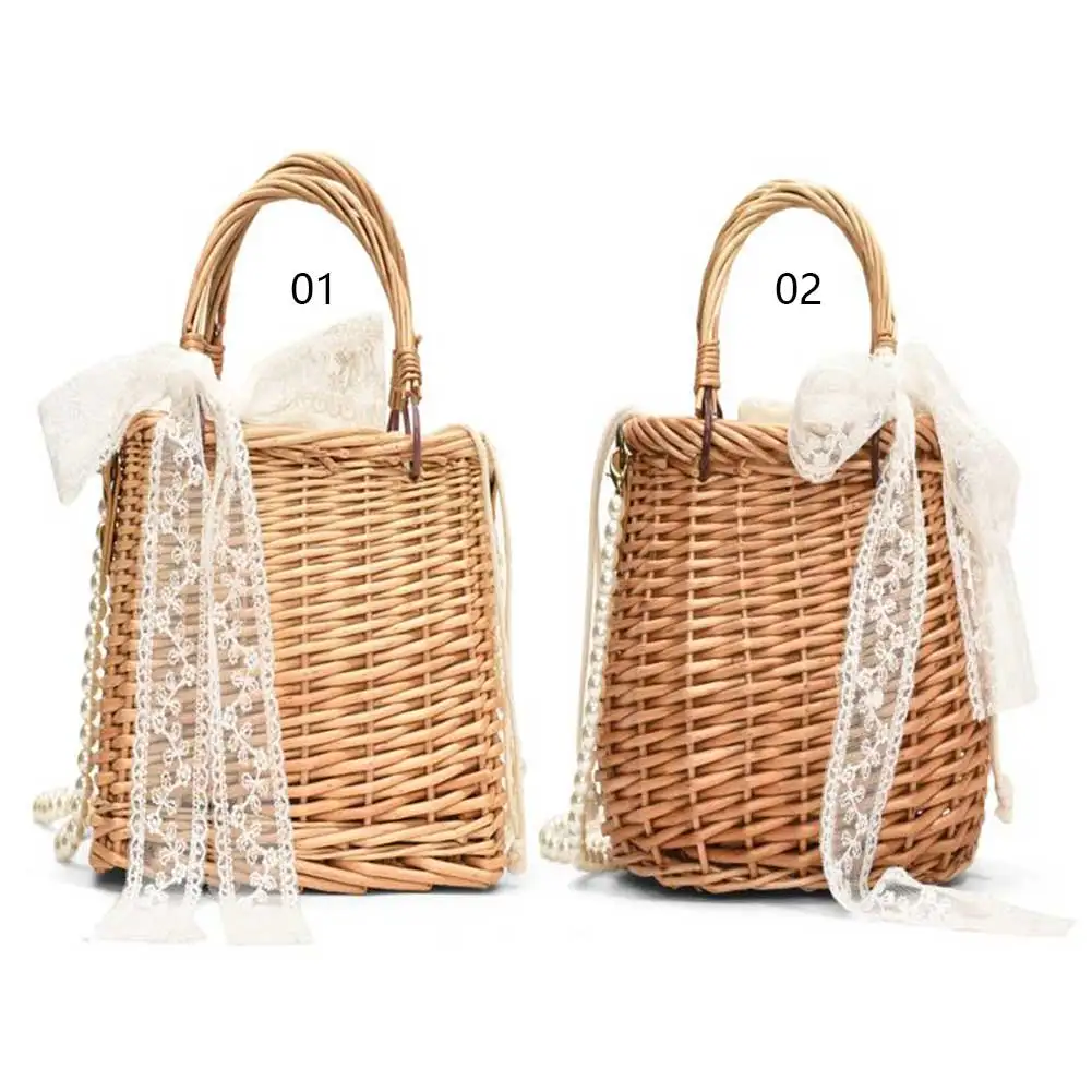 

Rattan Tote Bag Drawstring Summer Beach Bag with Pearl Chain Wicker Basket Bag Handwoven Rattan Bag for Women Travel Vacation
