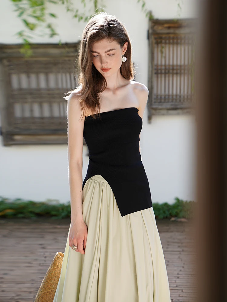 

Miorastudio Vintage Black Knitted Strapless Top Elegance Shoulder Bared High-End Feelings Street Style Open-Front Women's Top