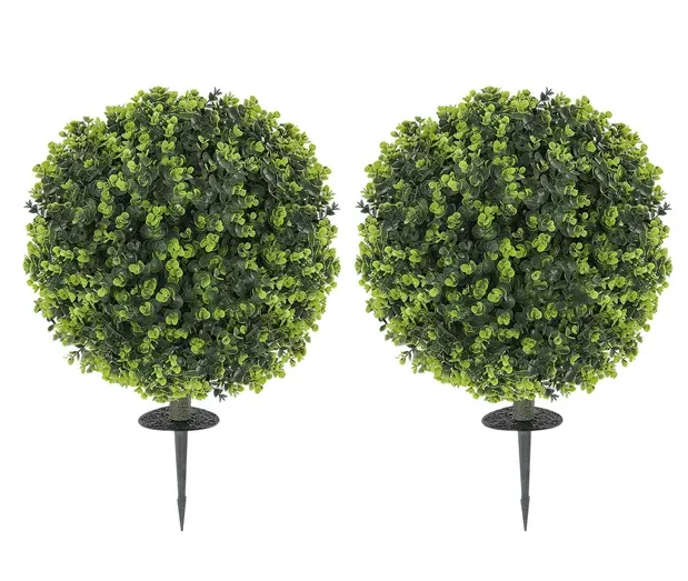 

HOMCOM 2 Pack 1.3ft Artificial Ball Boxwood Topiary with Ground Stake, UV Resistant Faux Greenery for Indoor Outdoor