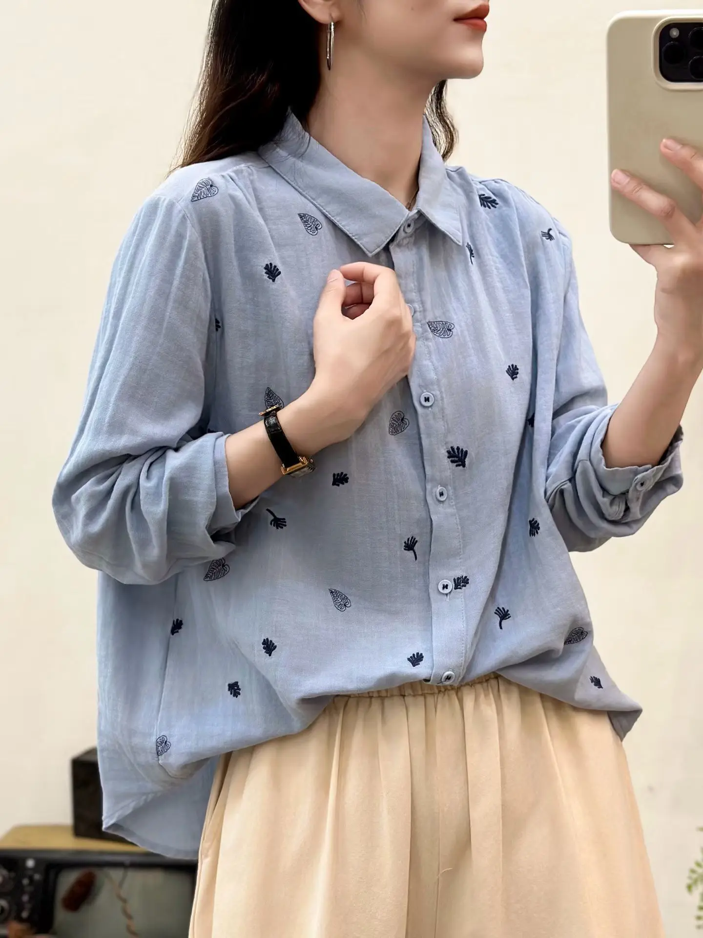 New 2025 Fall Cotton Yarn Long Sleeve Shirt, Women Turn-down Collar Embroidery, Mori Girl Fashion Commute Loose Blouse T5O057CC