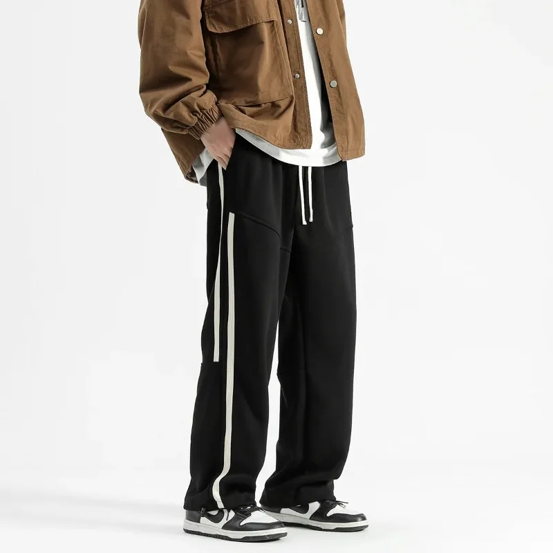 Men's Spring Autumn Drawstring Letter Stripe Elastic High Waist Pockets Casual Loose Sports Wide Leg Trousers Fashion Pants