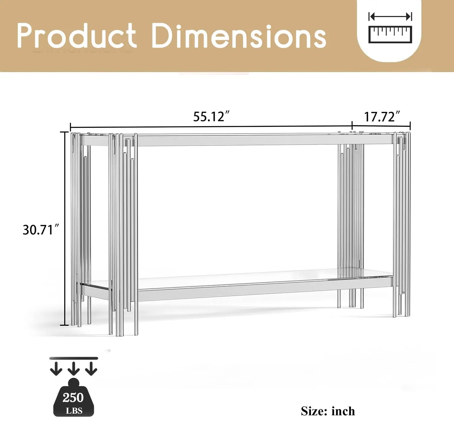 55 Inch Modern Luxury Console Table Clear Glass Sofa Table w/Silver Stainless Steel Pipe Frame, 2-Layer Accent, Customized