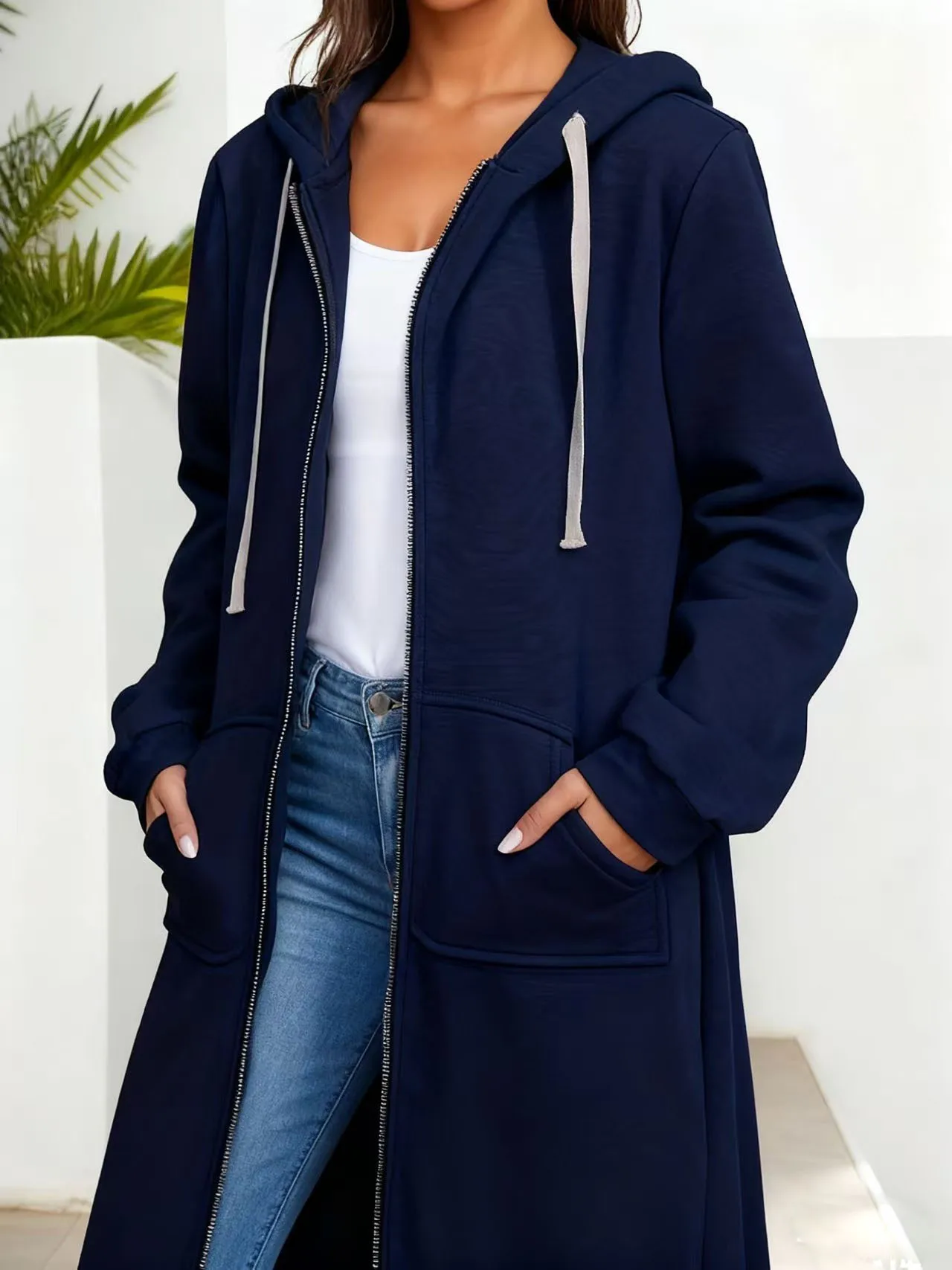 Casaco feminino plus size primavera e outono de comprimento médio com capuz outono e inverno