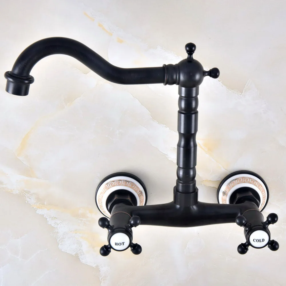 

Black Oil Rubbed Antique Brass Bathroom Kitchen Sink Basin Faucet Mixer Tap Swivel Spout Wall Mounted Dual Cross Handles mnf454