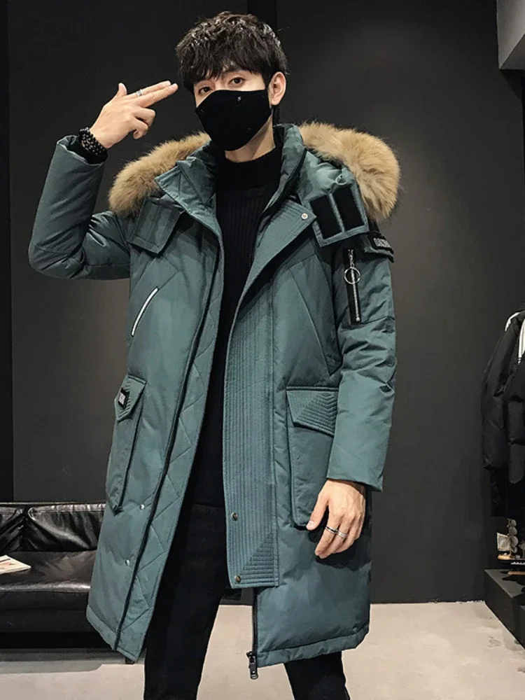Thickened Men's Down Coat with Hooded Faux Fur Collar Winter Long Parka Jacket Outdoor