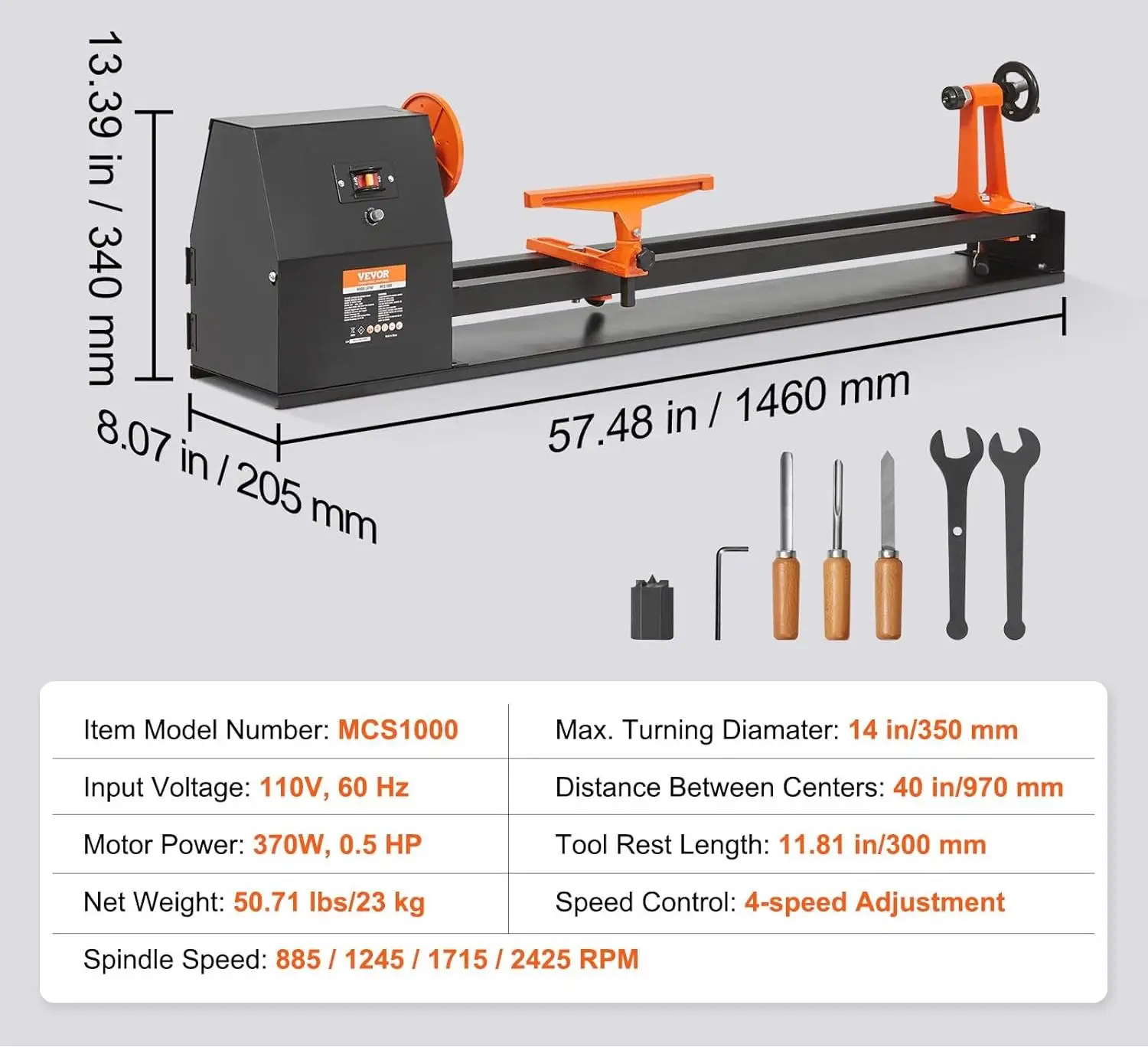 مخرطة الخشب على سطح الطاولة، مخرطة الخشب 885/1245/1715/2425 دورة في الدقيقة، 14 بوصة × 40 بوصة، 4 سرعات قابلة للتعديل 0.5 حصان 370 وات طاقة