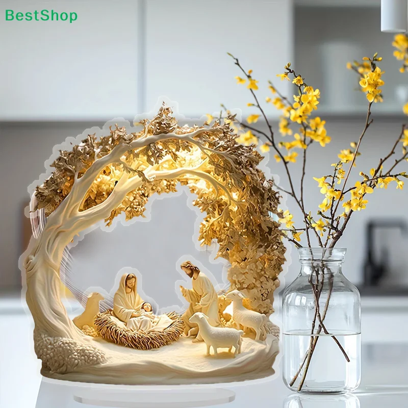 ♥ ديكور طاولة مشهد المهد-تمثال ولادة يسوع للعائلة المقدسة مع قوس شجرة وأغنام، هدية ديكور عيد الميلاد المسيحي #5