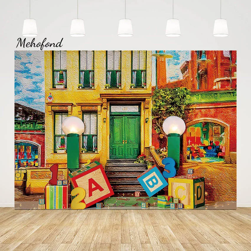 

Mehofond Outdoor Back To School Photography Backdrop Student Party Oil Painting Building Alphabet Background Photozone Studio