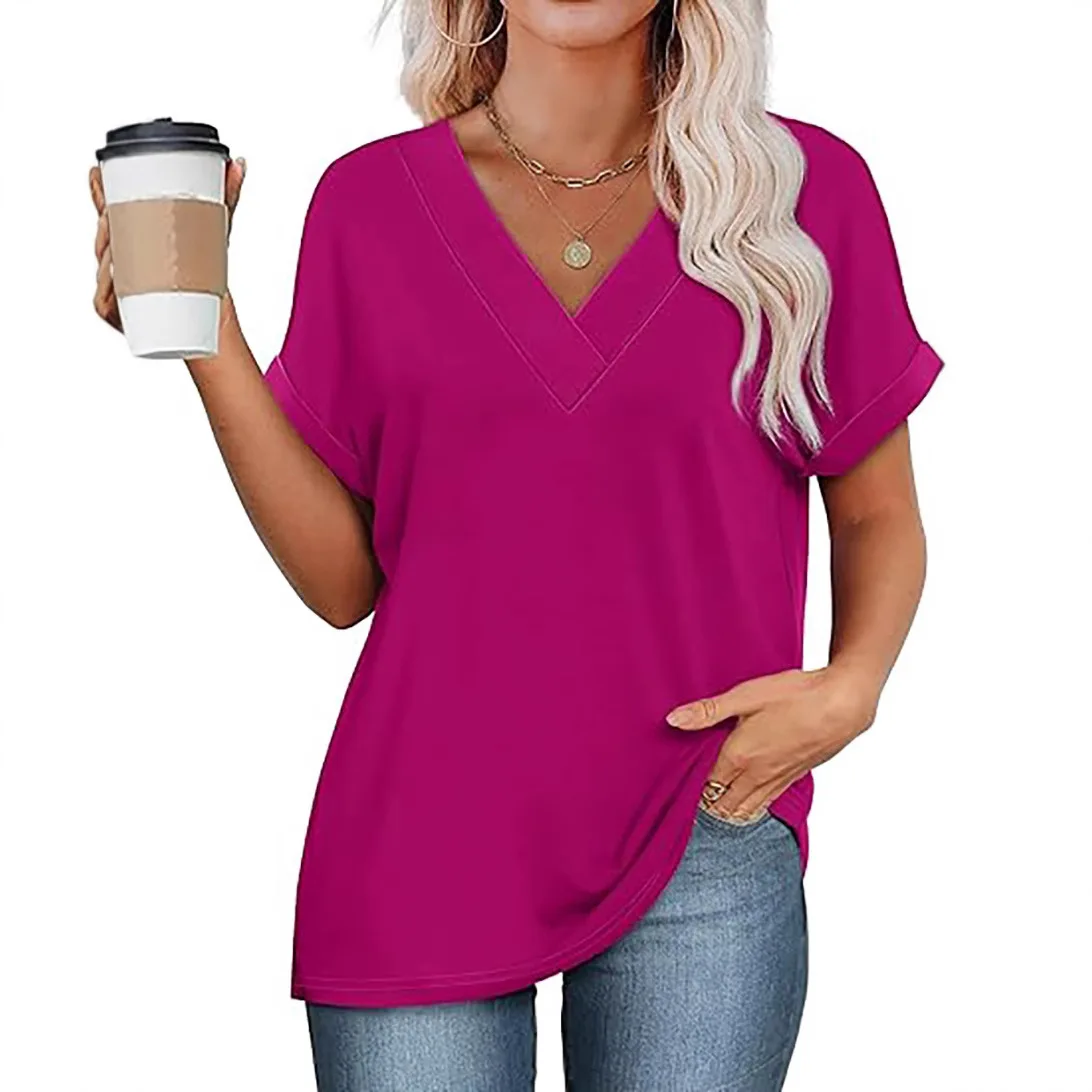 Women's Summer Tops Bat Sleeve Shirt 2025 Fashion V-neck Casual All-match T-shirt Women Clothing
