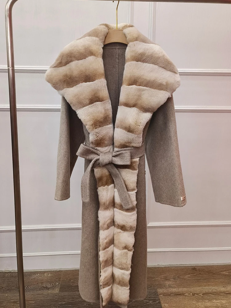 Winter Real Fur Coat Women Natural Rex Rabbit Fur Collar Jacket Long Cashmere Wool Woolen Ladies Luxury Thick Female Outerwear