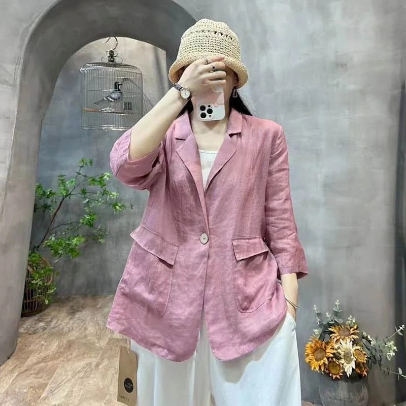 Cotton Linen Blazers for Women Vintage Long Sleeve Casual Korean Style Outerwears Mid Length Tailored Collar Coats Women Tops