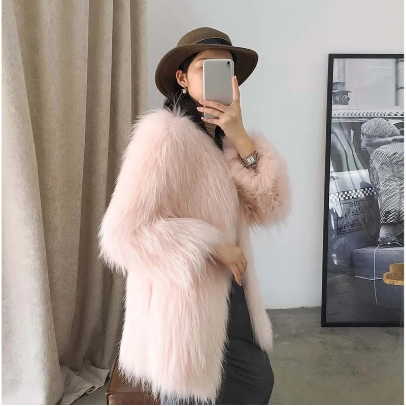 女性用ミドル丈ミックスファーコート、ファッショナブルでスリムなコットン裏地付き