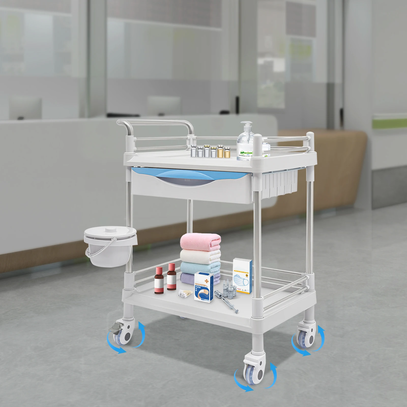 Carrinho utilitário médico de aço inoxidável prateado, carrinho de salão de beleza independente com rodas 65*44*90cm para salões, ocasiões