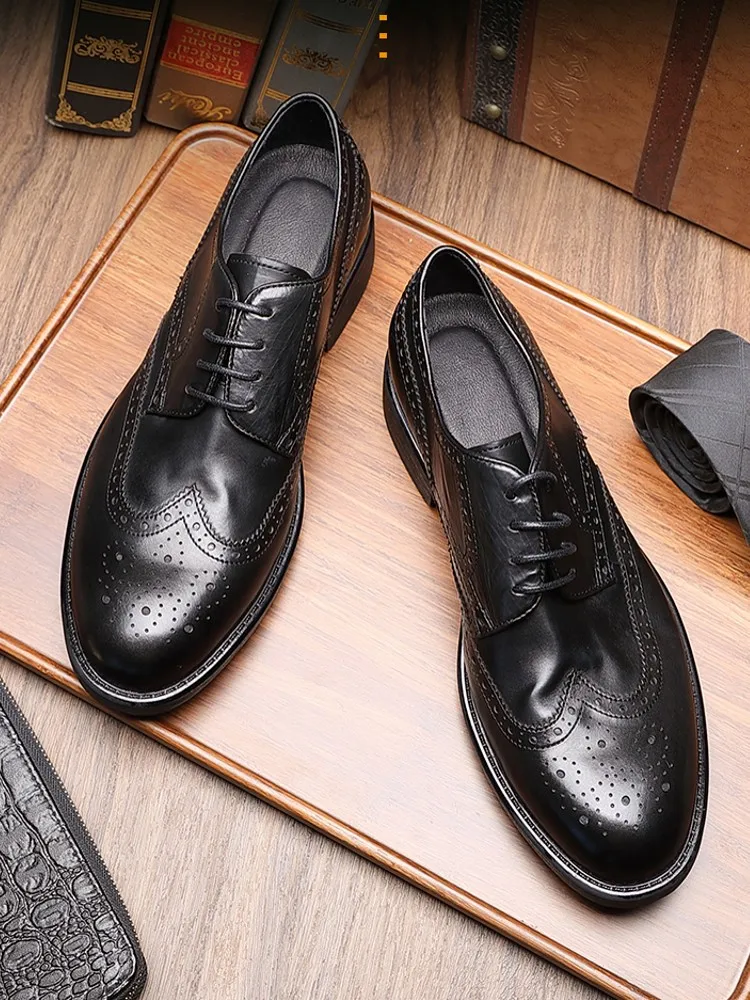 British Style Men Handmade Cowhide Genuine Leather Brogue Wing Tip Business Work Formal Shoes Vintage Groom Wedding Dress Shoes