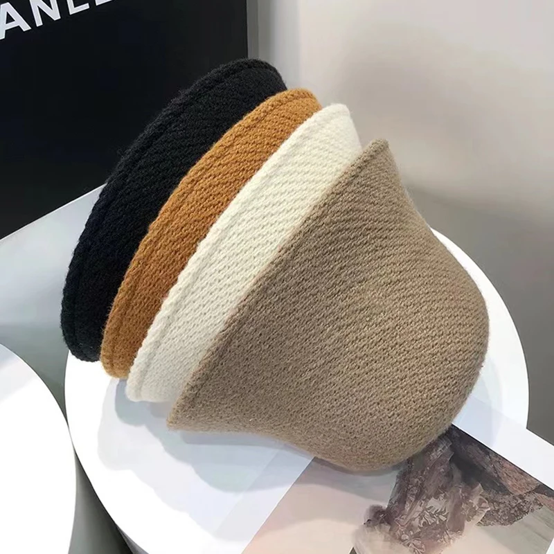 Winter New Bucket Hat for Women 2024 Solid Color Wool Knitted Thick Warm Simple All-match Fisherman Cap Fashion Female Basin Hat