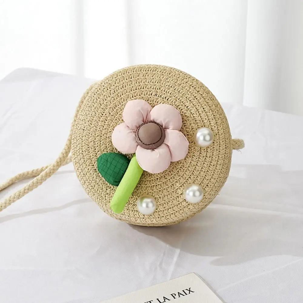 Cute Handmade Kids Straw Bag Woven Round Shoulder Bag Pearl Flower Summer Beach Bag for Children Girls