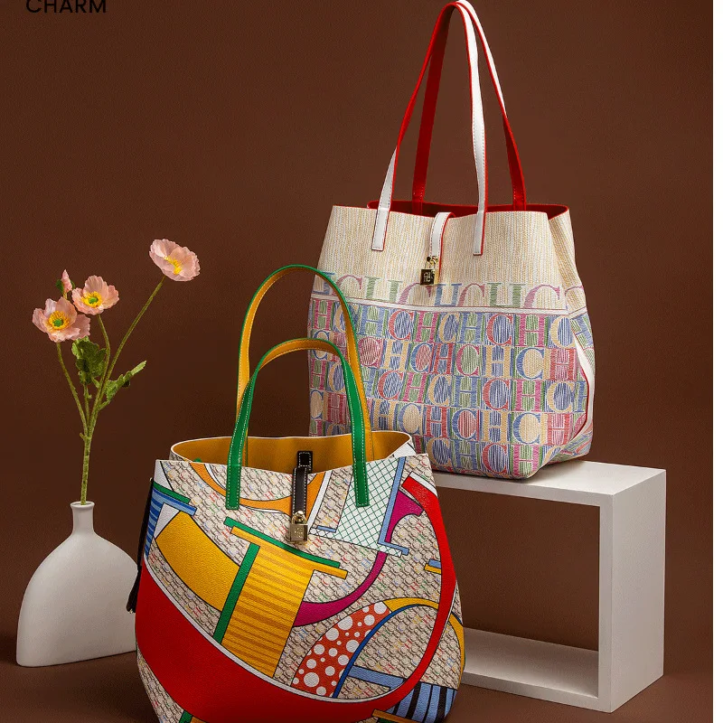 Carolina Herrera Bolso de mano de gran capacidad para mujer, bolso de viaje de negocios con estampado de colores Simple y moderno, bolso de compras para mujer