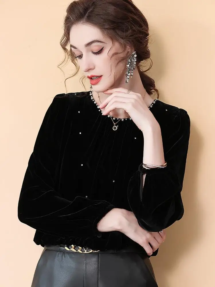 

Женский черный золотой бархатный короткий топ, весенне-осенний пуловер, новая мода из бисера, рубашка с длинными рукавами, 2025т ТТ677