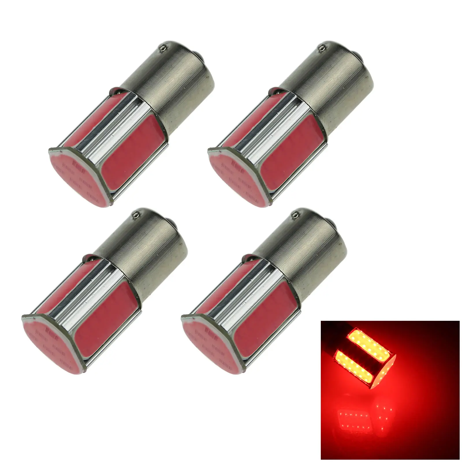 4x Red Car 1156 Single Light Daytime Blub 4 Emitters COB LED T25 7008 D083-R