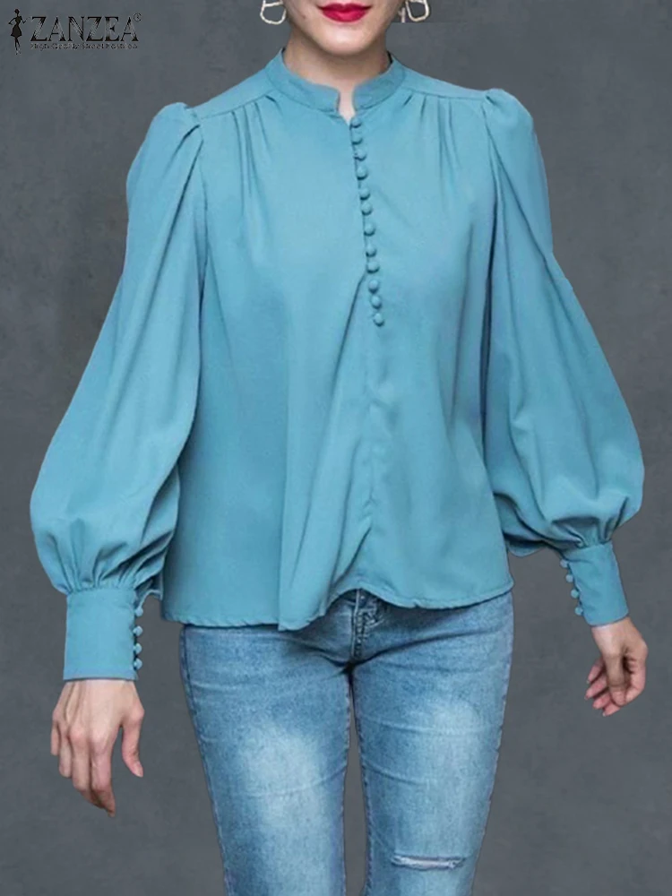 ZANZEA Elegant Shirts Stylish Women Long Lantern Sleeve Blouse 2025 Autumn Stand Collar Office Lady Tops Casual Solid OL Blusas