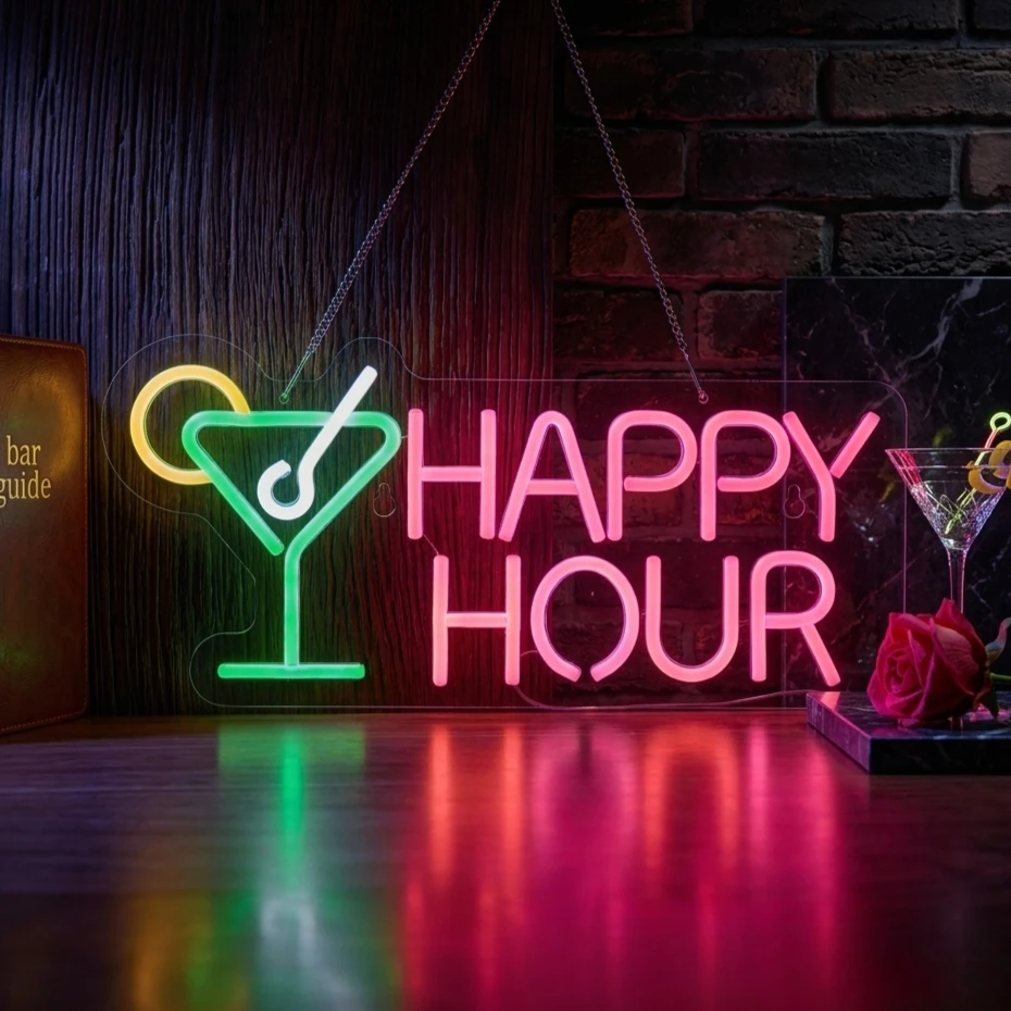 

Неоновая вывеска Happy Hour с LED-подсветкой, регулируемая, для декора стен, бара, паба, спальни, мужской комнаты, вечеринок, настенное искусство, украшение