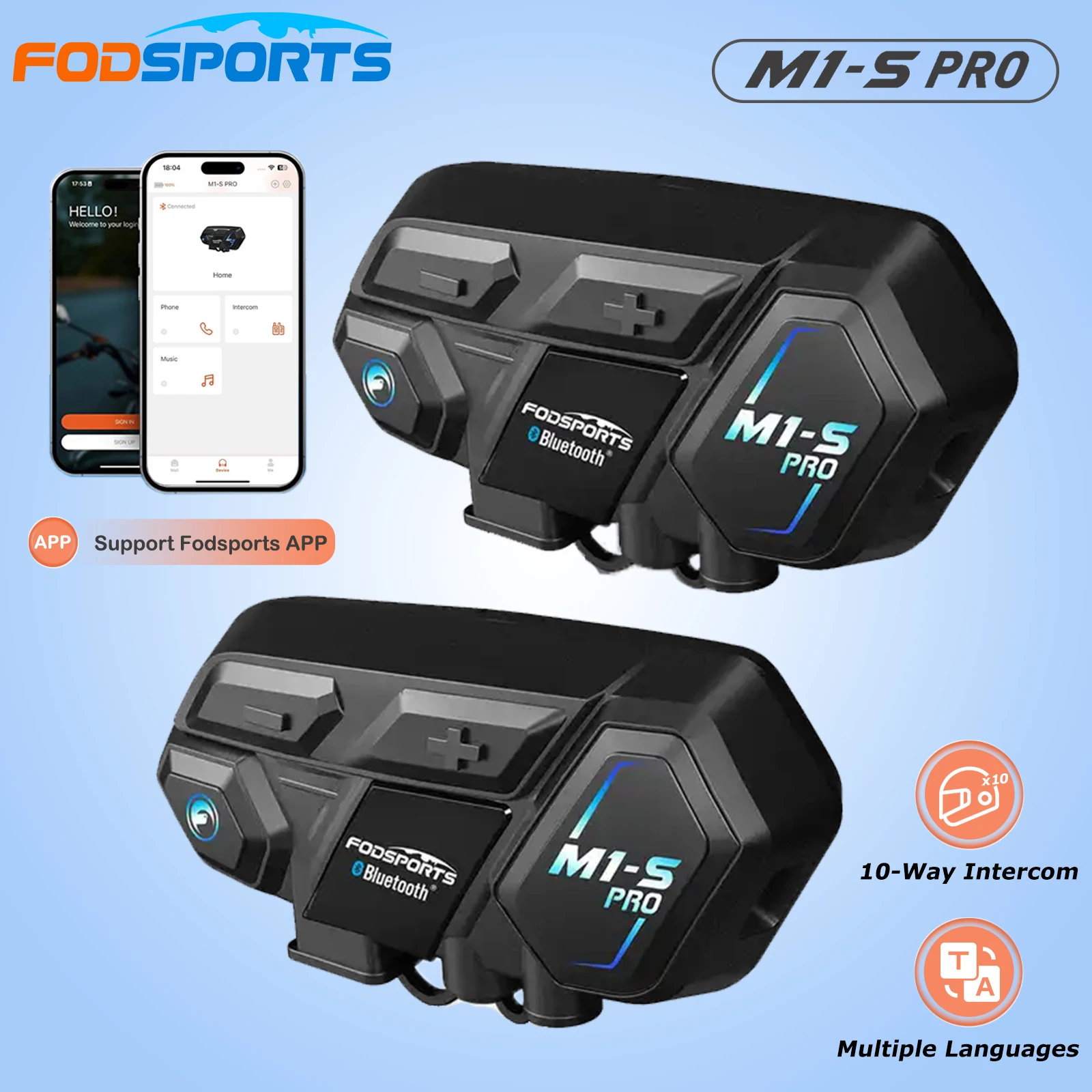 2 pièces Fodsports M1-S Pro Intercom Moto Bluetooth pour Casque, Casque Audio pour 8 Motocyclistes, Interphone Moto, Partage de Musique, Connexion APP
