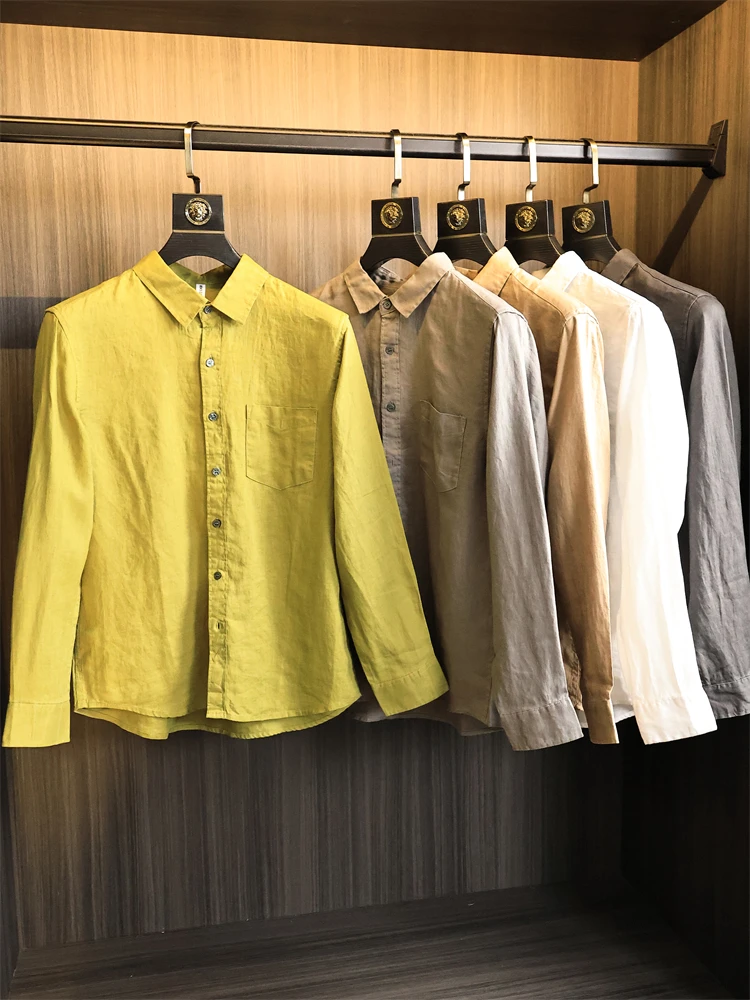 

Высококачественная мужская длинная дышащая откидная воротник из 00% льняной ткани с завышенной талией, летняя модная подставка на пуговицах