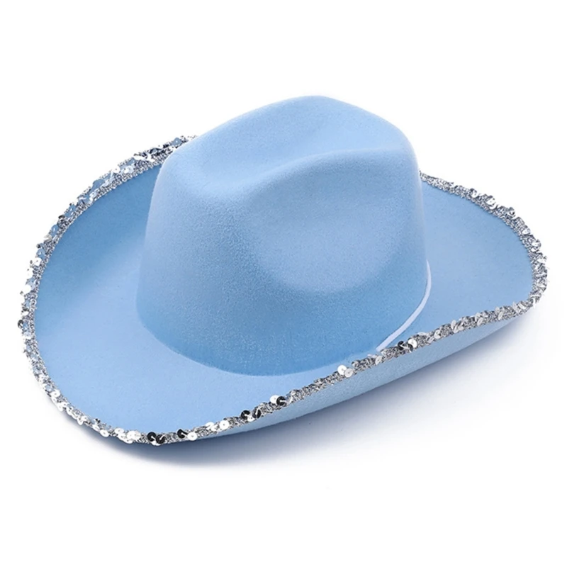 Y1UB Halloween Blue Color Felt Cowboy Hat Cowgirl Sequins Brim Supplies