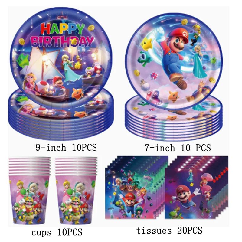 Mario Complete Birthday Party Supplies Set Galaxy Mario Themed Decor Kit with Banner Balloons Tableware Cake Toppers for Kids image 3