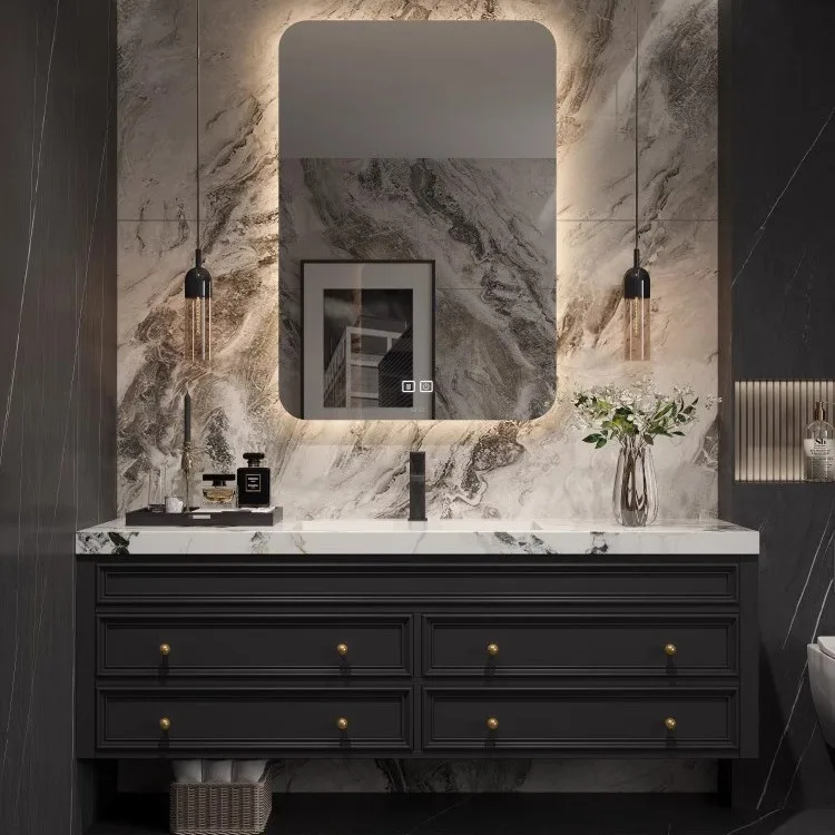 

American retro bathroom cabinet light luxury solid wood wash basin oak bathroom combination rock slab seamless integrated basin