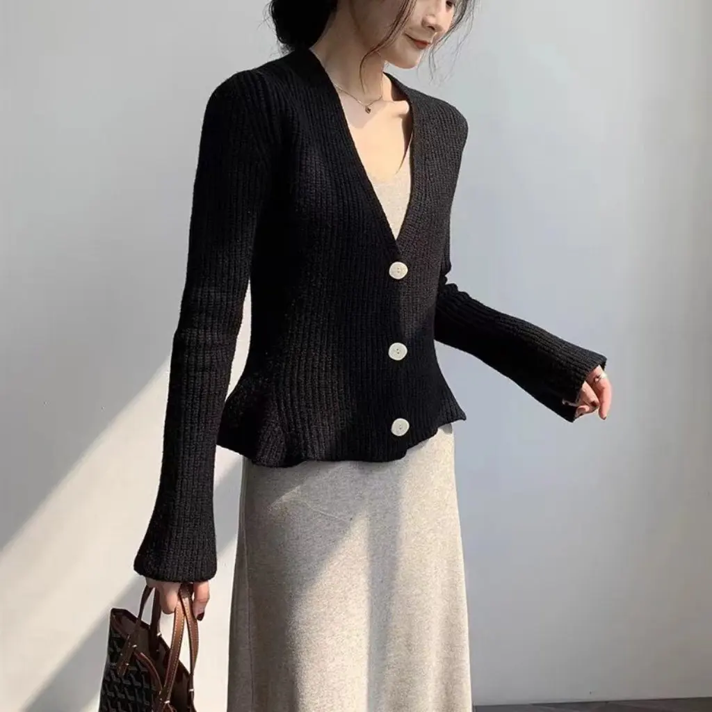 Gebreid vest voor dames met klokmouwen, V-hals, korte stijl, lente, herfst, elegante uitloper voor Golden Retriever