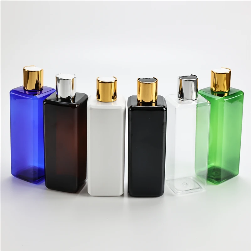 

Multicolor 300ML X 20 Empty Plastic Bottles With Gold Silver Disc Top Cap Square Cosmetic Liquid Container Shampoo PET Bottles