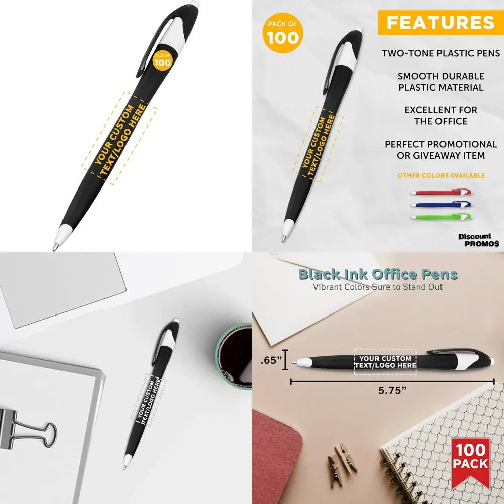 

Custom Two-Tone Plastic Pens Set of 100 with Personalization - Black Ink, Ideal for Offices, Schools, Business Promotions