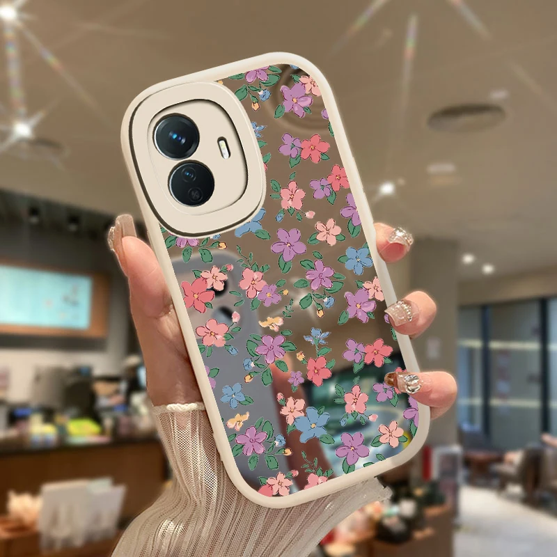 Mirror Makeup Phone Case For Vivo Y85 Y77 Y72 Y51 2020 Y51A 2021 Y53S 4G Y50 Y66 Y77E Y91 Y91C Y93 Y95 Silicone Flower Covers