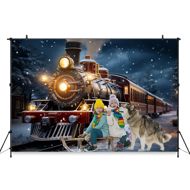 Merry Christmas Train Backdrop Photography Winter Snow New Year Props Girls Kids Children Photo Background Decor Outdoor Studio