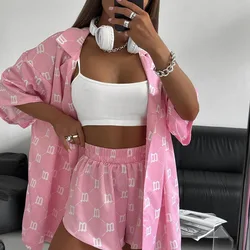 New Fashion Print Women's Pajamas Sets Satin Loose Home Pyjama Long Sleeve Cardigan Tops+Shorts 2PCS Casual Sleepwear for Autumn