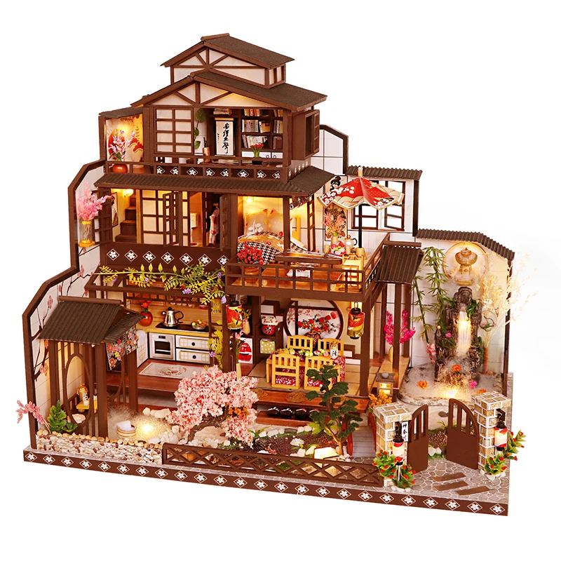 

DIY Wooden Japanese Big Casa Ancient Capital Under Moonlight Doll Houses Miniature Model Kits Dollhouse for Friends Gifts